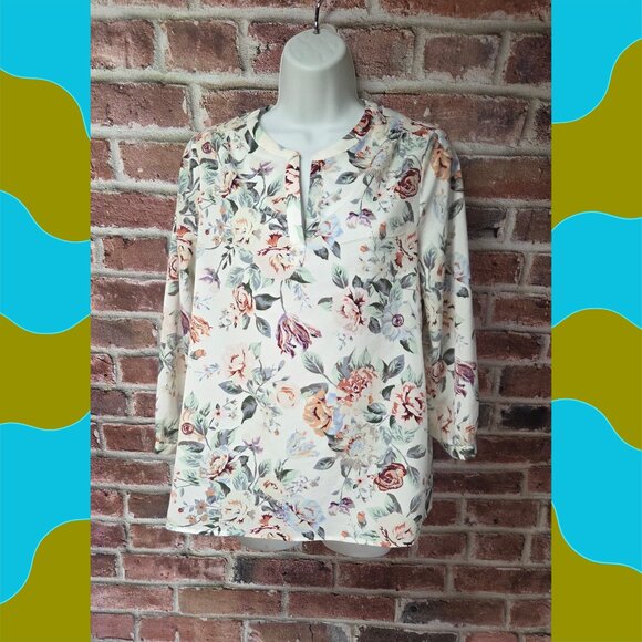 Dalia Floral Blouse S | White V Neck Pullover Top Boho Chic Cottagecore - Picture 1 of 7